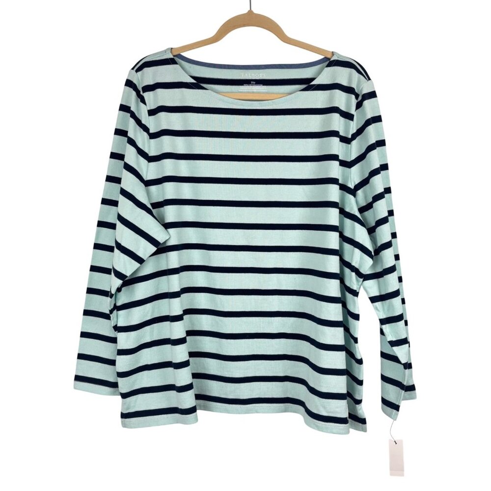 NWT Talbots Womens Plus Petite 3XP Long Sleeve Blue Striped Top 100% Cotton